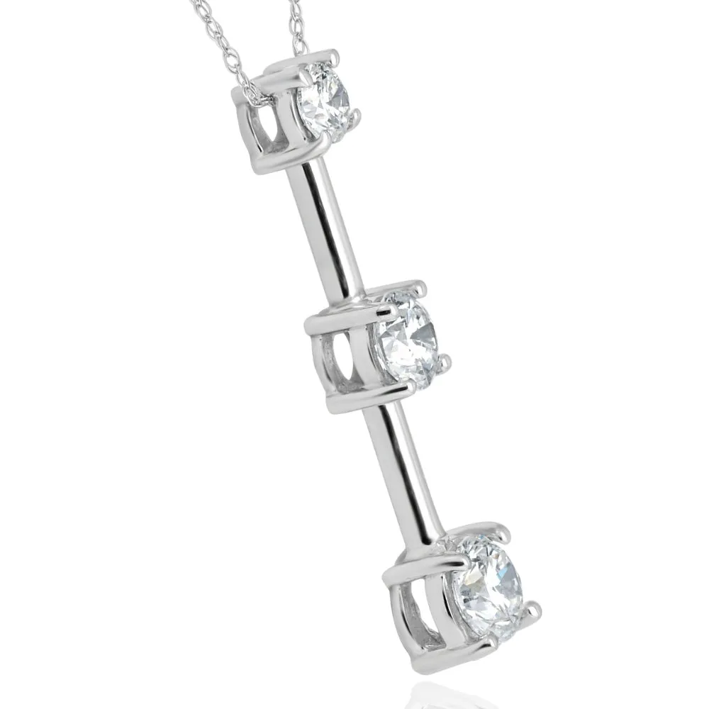 1 1/2Ct Three Stone Diamond Pendant Past Present Future Necklace 14k White Gold