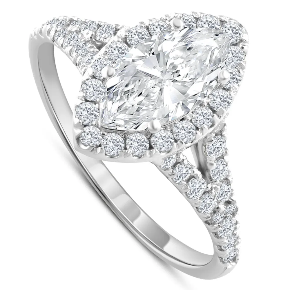 1 3/4Ct Marquise Halo Diamond Split Band Engagement Ring 14k White Gold