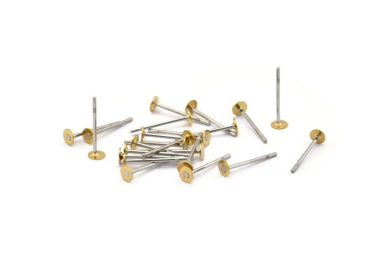 316L Earring Findings Set, 100 Stainless Steel Earring Posts With Raw Brass 3mm Flat Pad ,ear Studs ( A0391 )