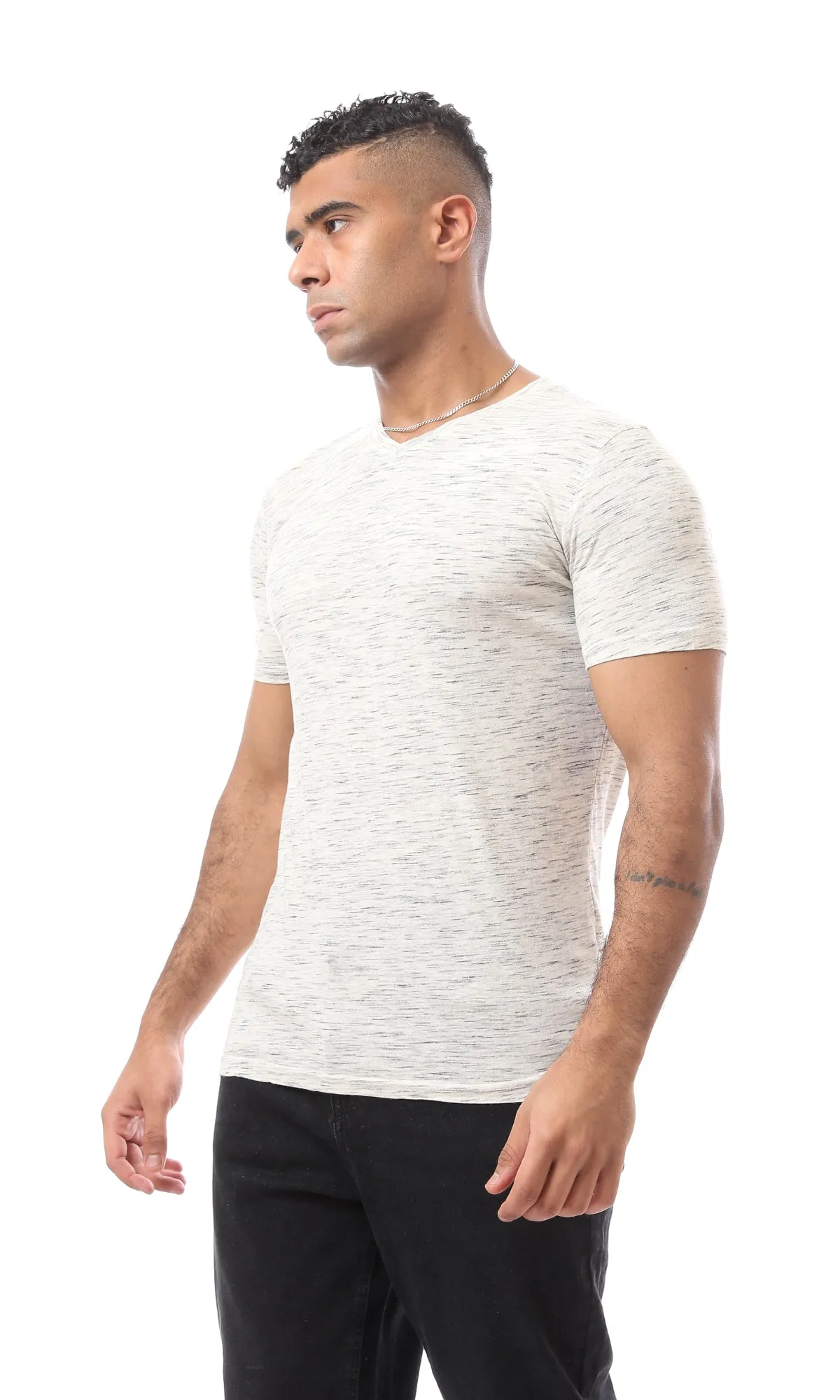 97921 Heather Off-White V-Neck Cotton T-Shirt