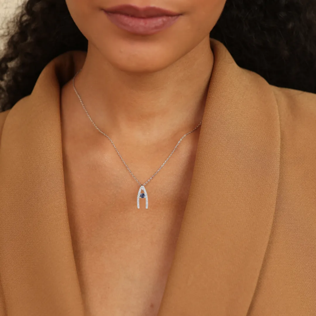 Blue Sapphire Letter A Round Shaped Necklace