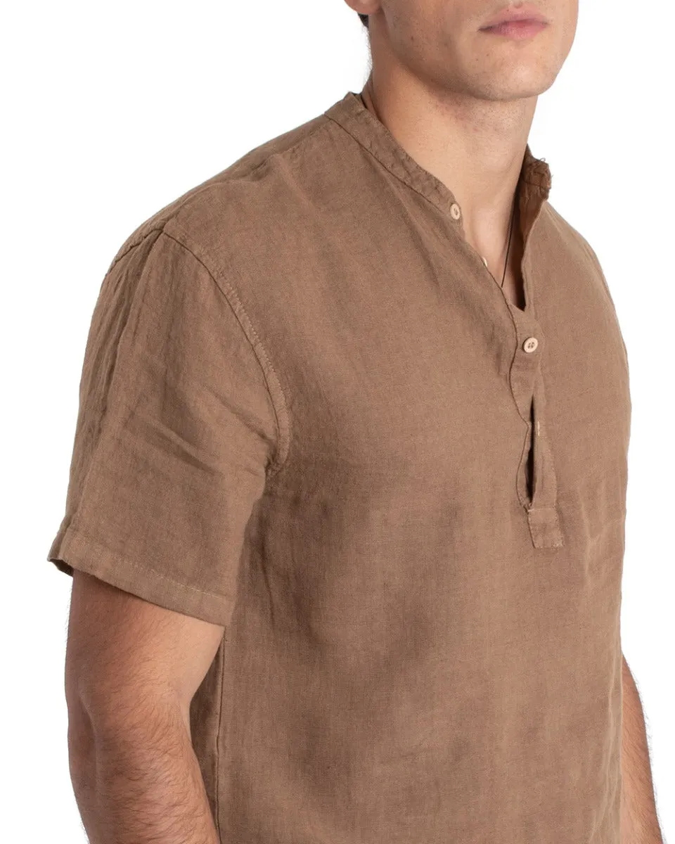 Camicia Uomo Serafino Casacca Manica Corta Lino Casual Tinta Unita Camel GIOSAL-CC1154A