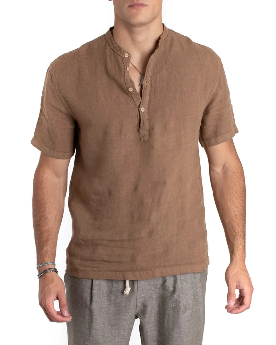 Camicia Uomo Serafino Casacca Manica Corta Lino Casual Tinta Unita Camel GIOSAL-CC1154A