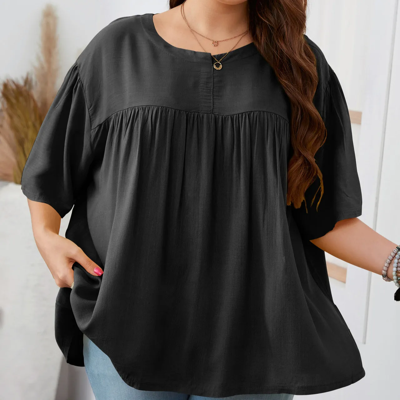 Casual Crew Neck Solid Color Top Short Sleeve Wholesale Plus Size Clothing