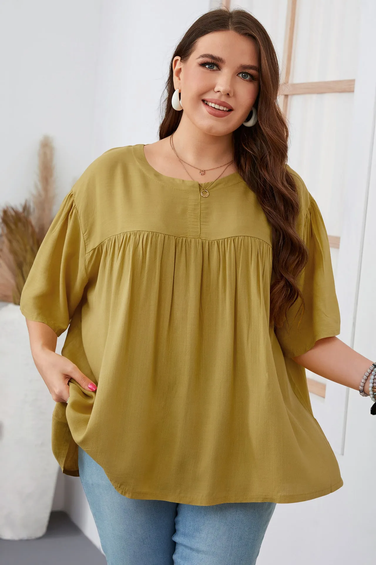 Casual Crew Neck Solid Color Top Short Sleeve Wholesale Plus Size Clothing