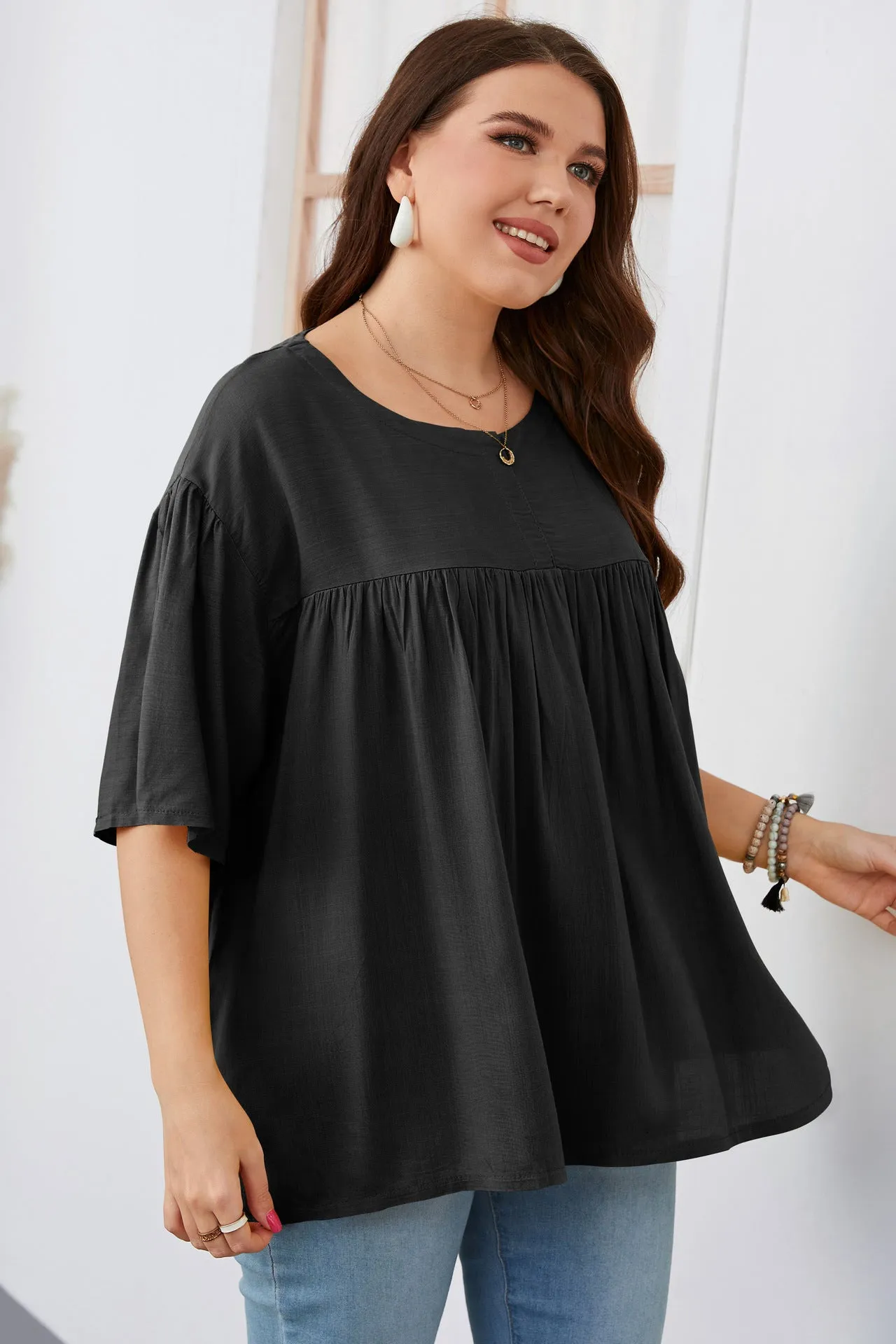 Casual Crew Neck Solid Color Top Short Sleeve Wholesale Plus Size Clothing