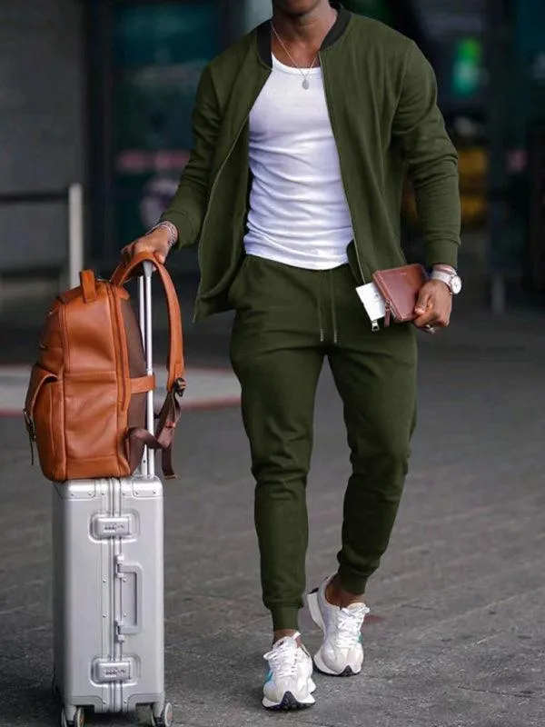 Casual Solid Baseball Collar Men Tracksuit