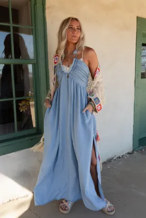 Cityscape Halter Denim Maxi Dress - Blue