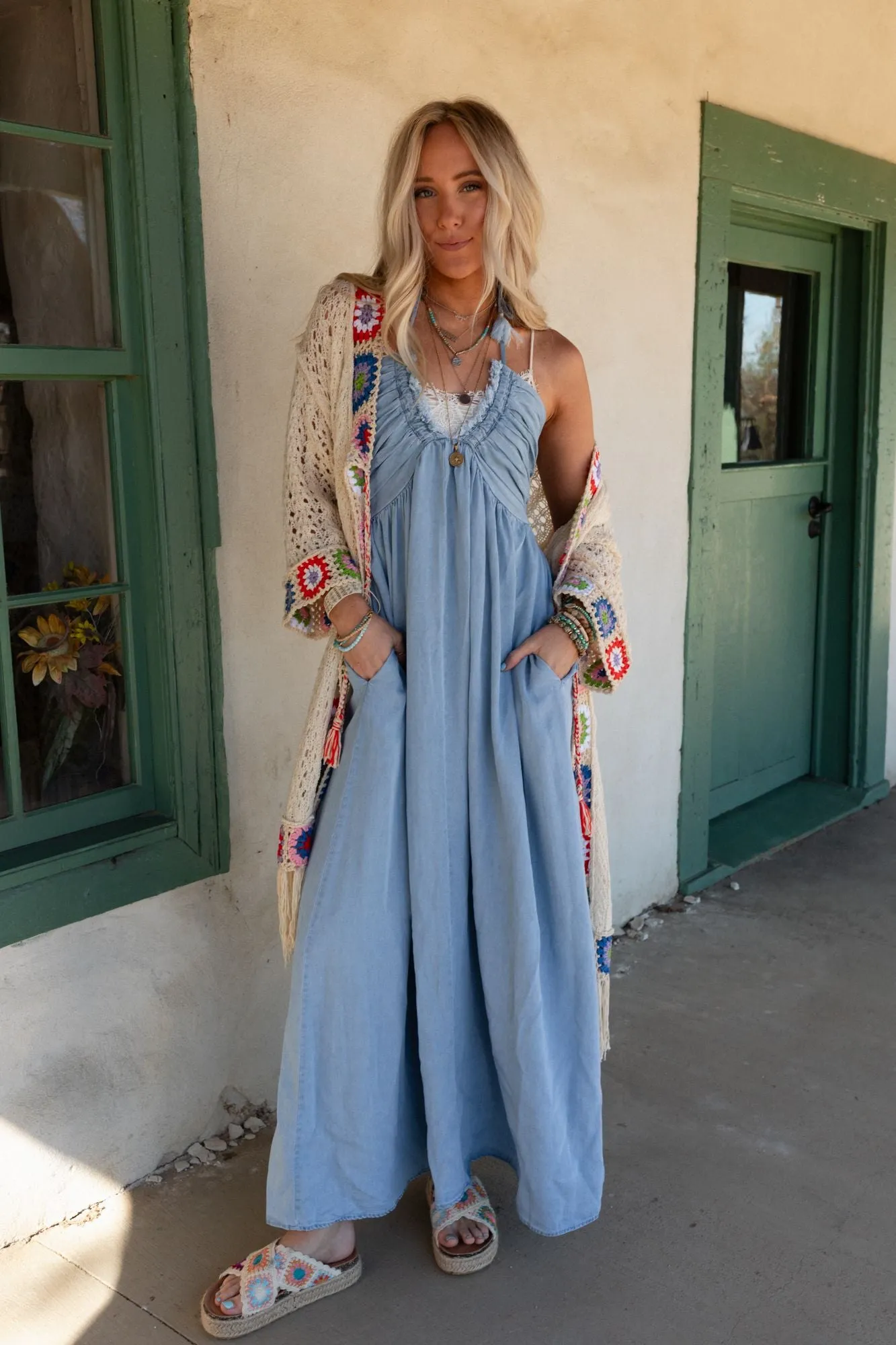 Cityscape Halter Denim Maxi Dress - Blue