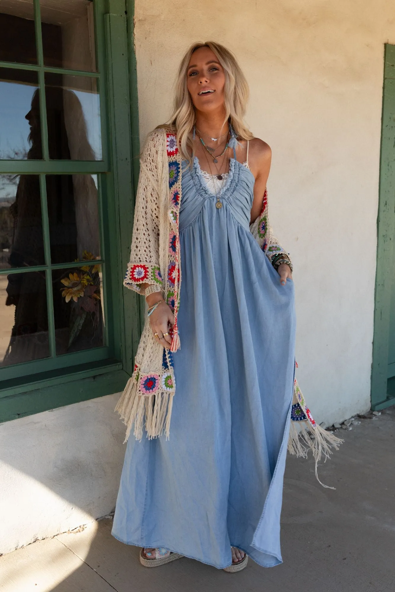 Cityscape Halter Denim Maxi Dress - Blue