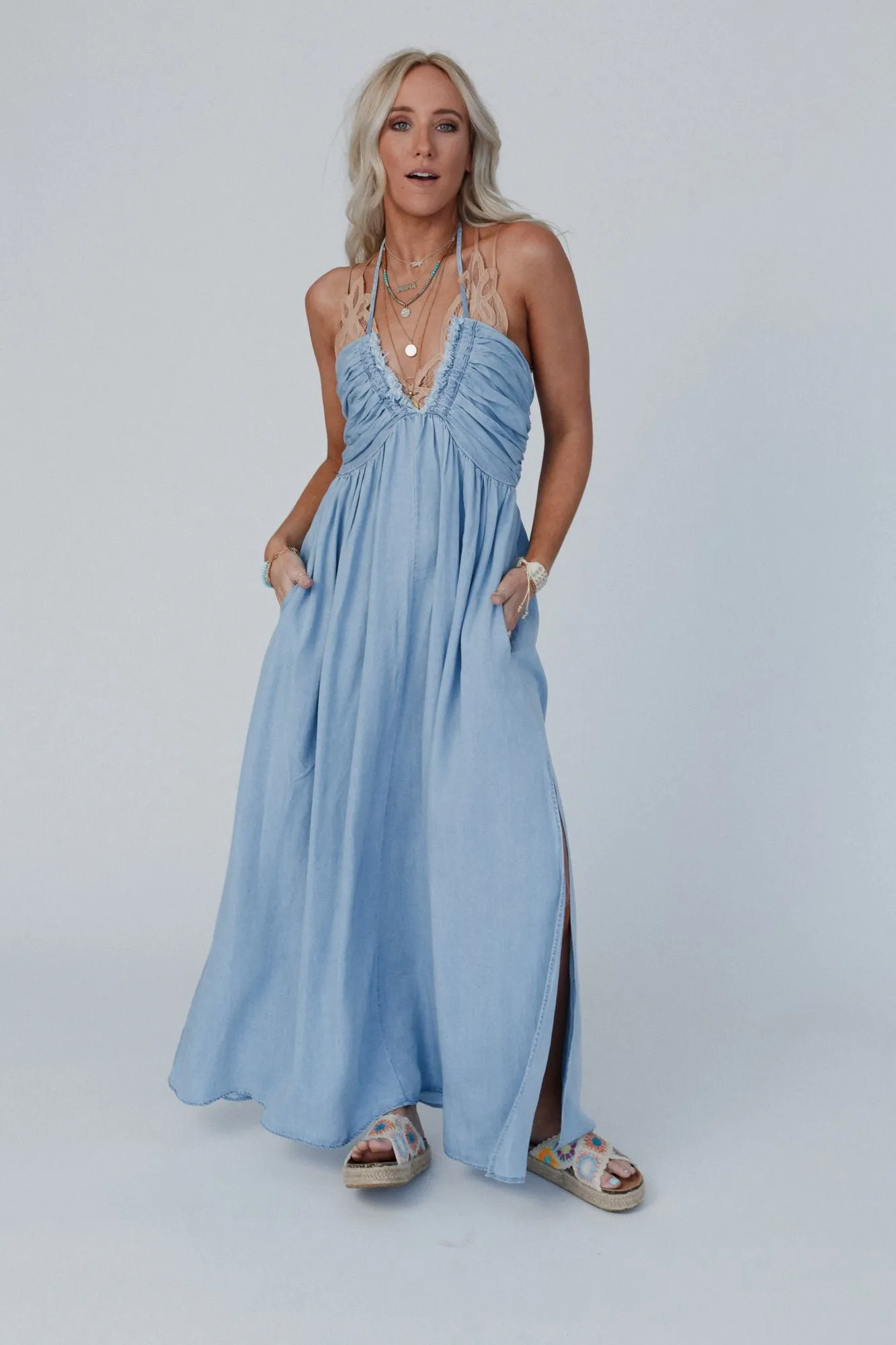 Cityscape Halter Denim Maxi Dress - Blue