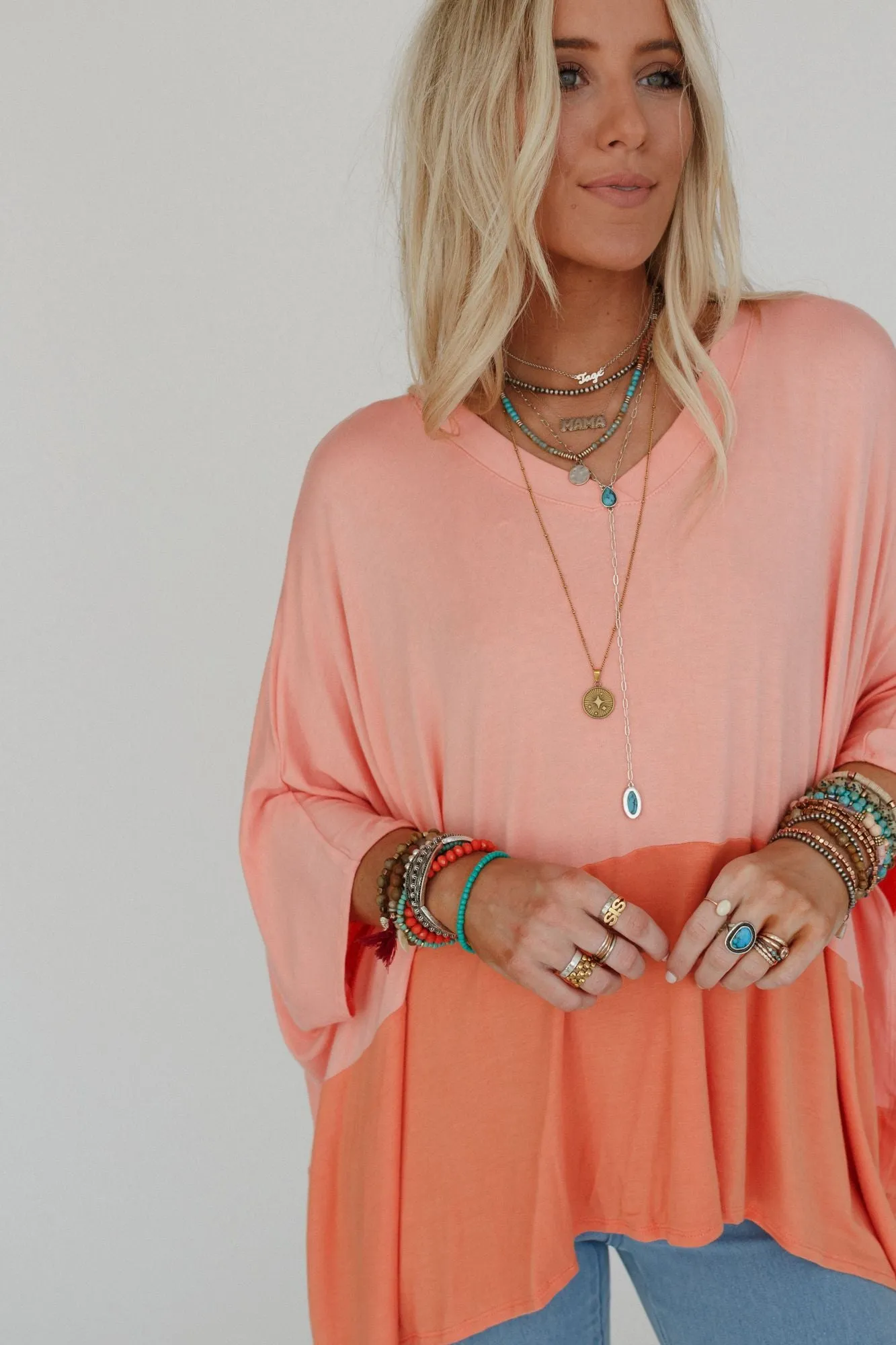 Coffee Sunsets V Neck Top - Dark Peach Tangerine