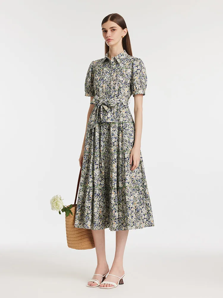 Floral Printed Lapel Tiered Women Midi Dress With Belt