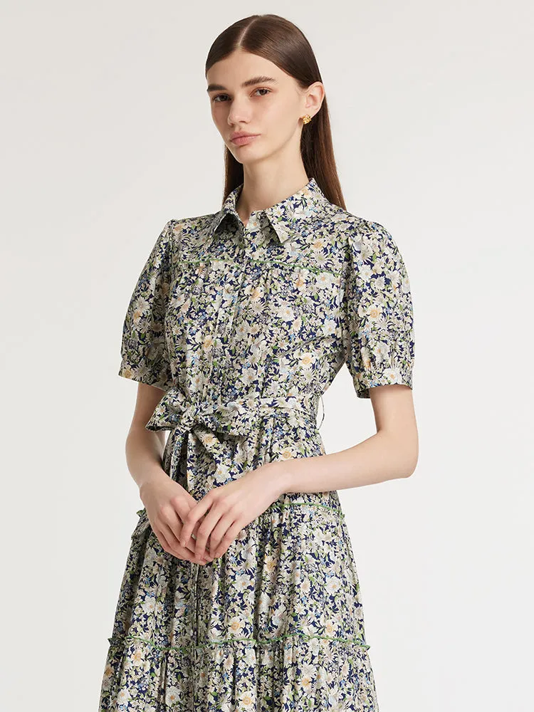 Floral Printed Lapel Tiered Women Midi Dress With Belt