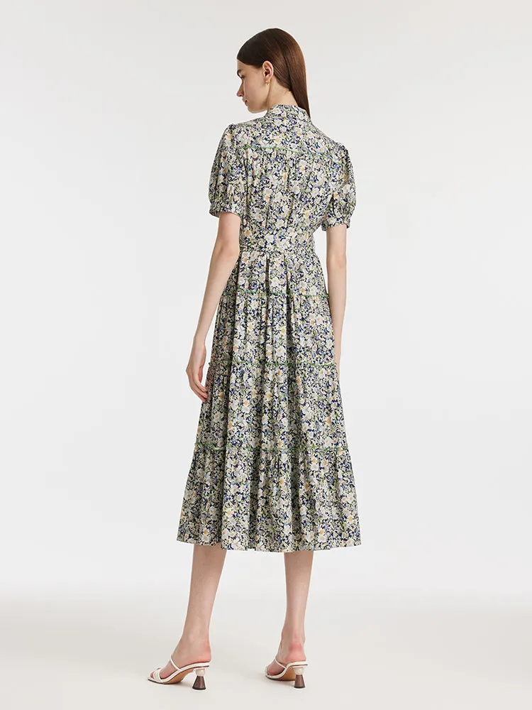 Floral Printed Lapel Tiered Women Midi Dress With Belt