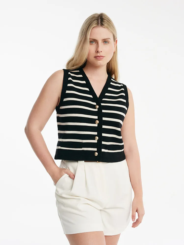 Knit Striped V-Neck Vest Cardigan