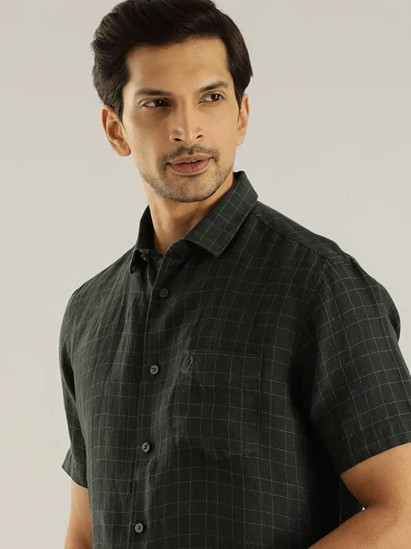 Men Checked Half Sleeve Linen Shirt