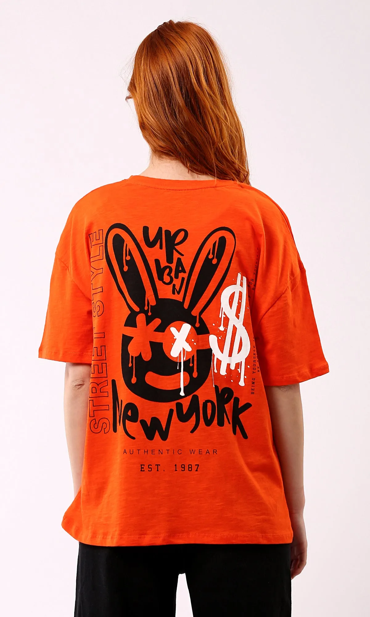 O180440 Hot Orange Printed New York Slip On Tee