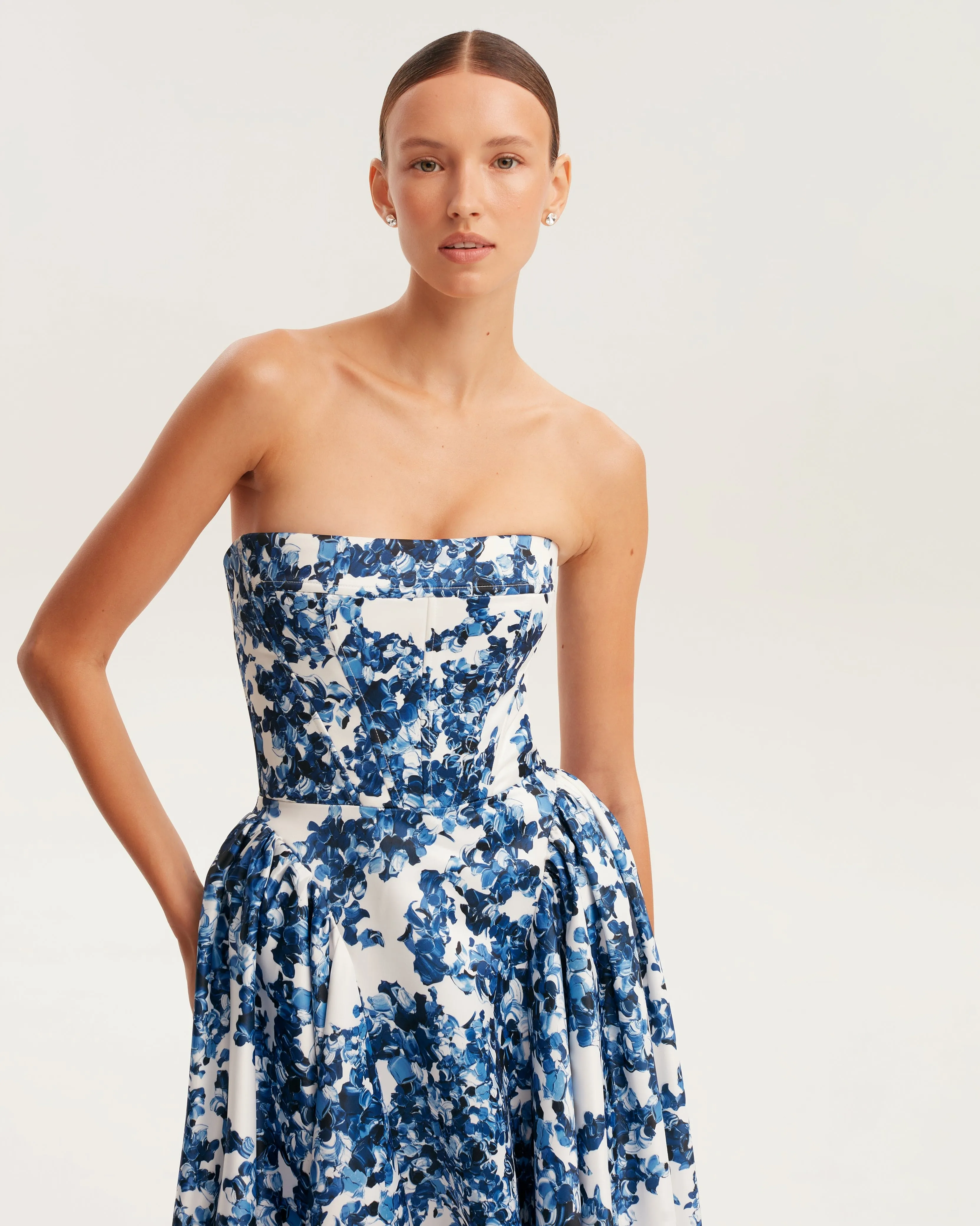 Ravishing blue hydrangea corset maxi dress, Garden of Eden