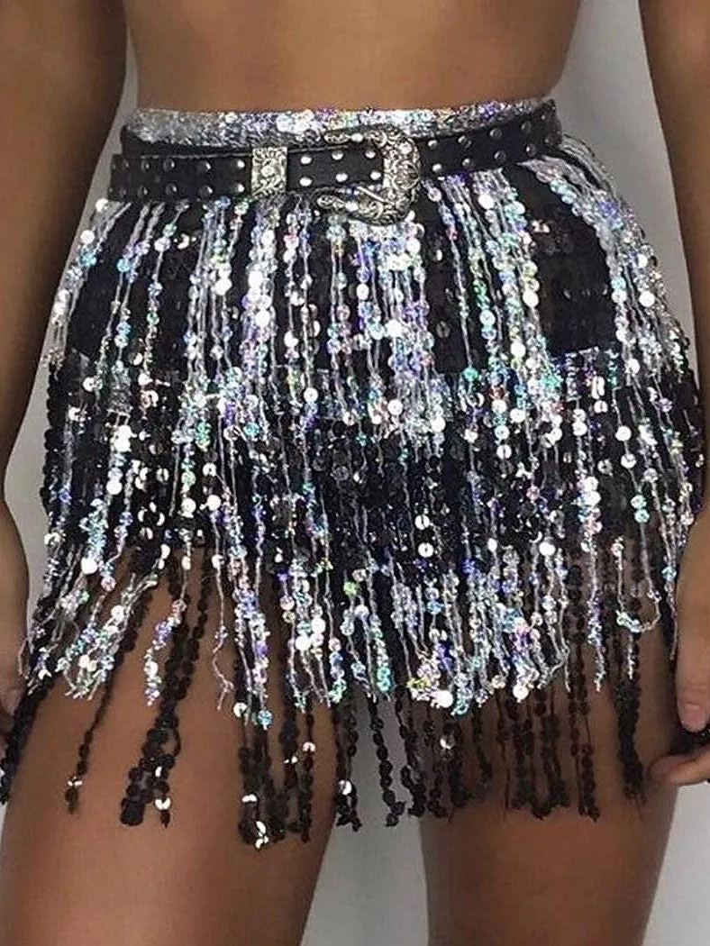 Sequin Asymmetrical Polyester Skirt in Silver, Black, Yellow, and Pink for Women