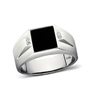 Solid White Gold Men's Square Onyx and Diamond Ring Vintage Design