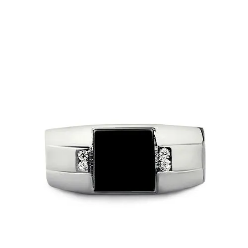 Solid White Gold Men's Square Onyx and Diamond Ring Vintage Design